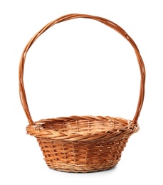 Empty wicker basket isolated on white. Easter item Photo of Empty wicker basket isolated on white. Easter item
