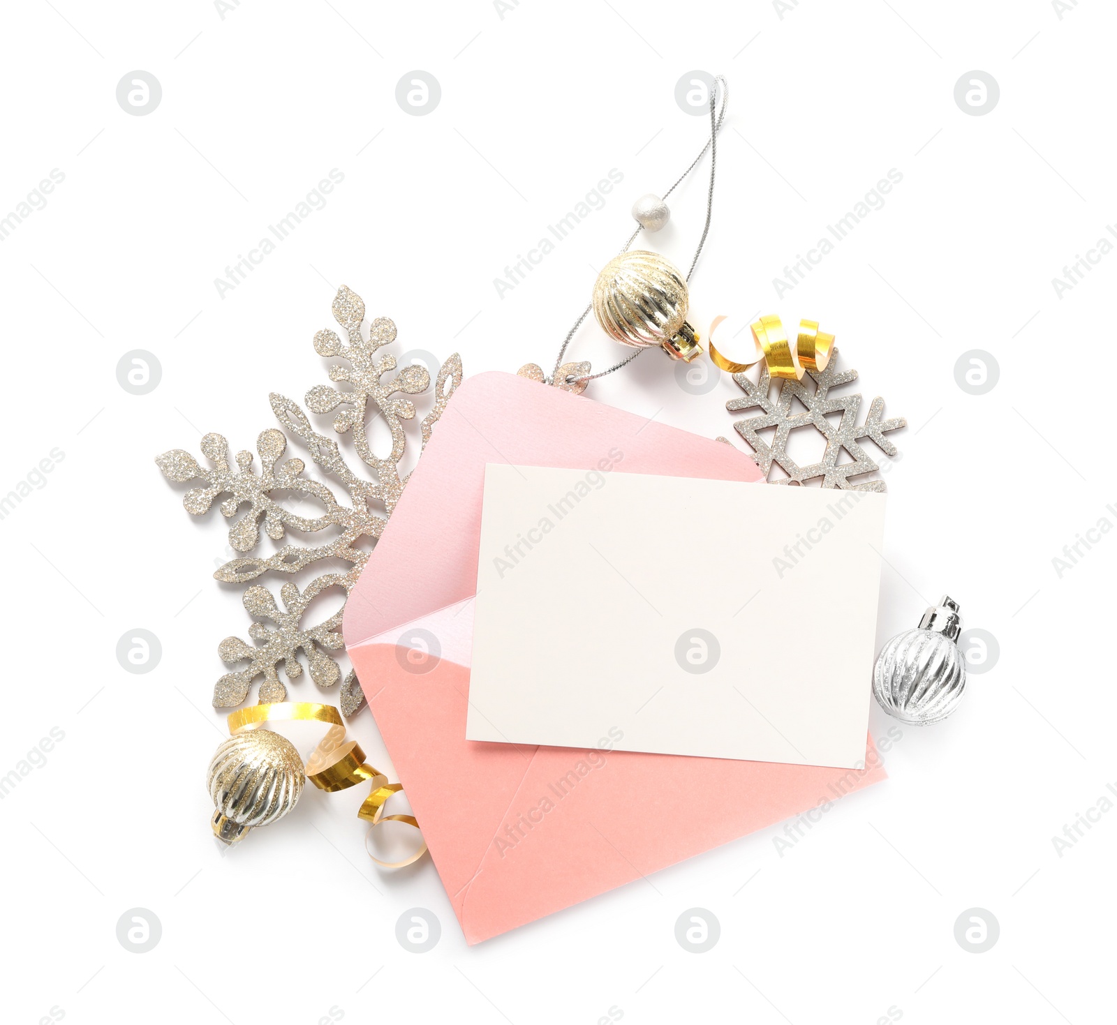 Photo of Blank greeting card and Christmas decor on white background, top view. Space for text