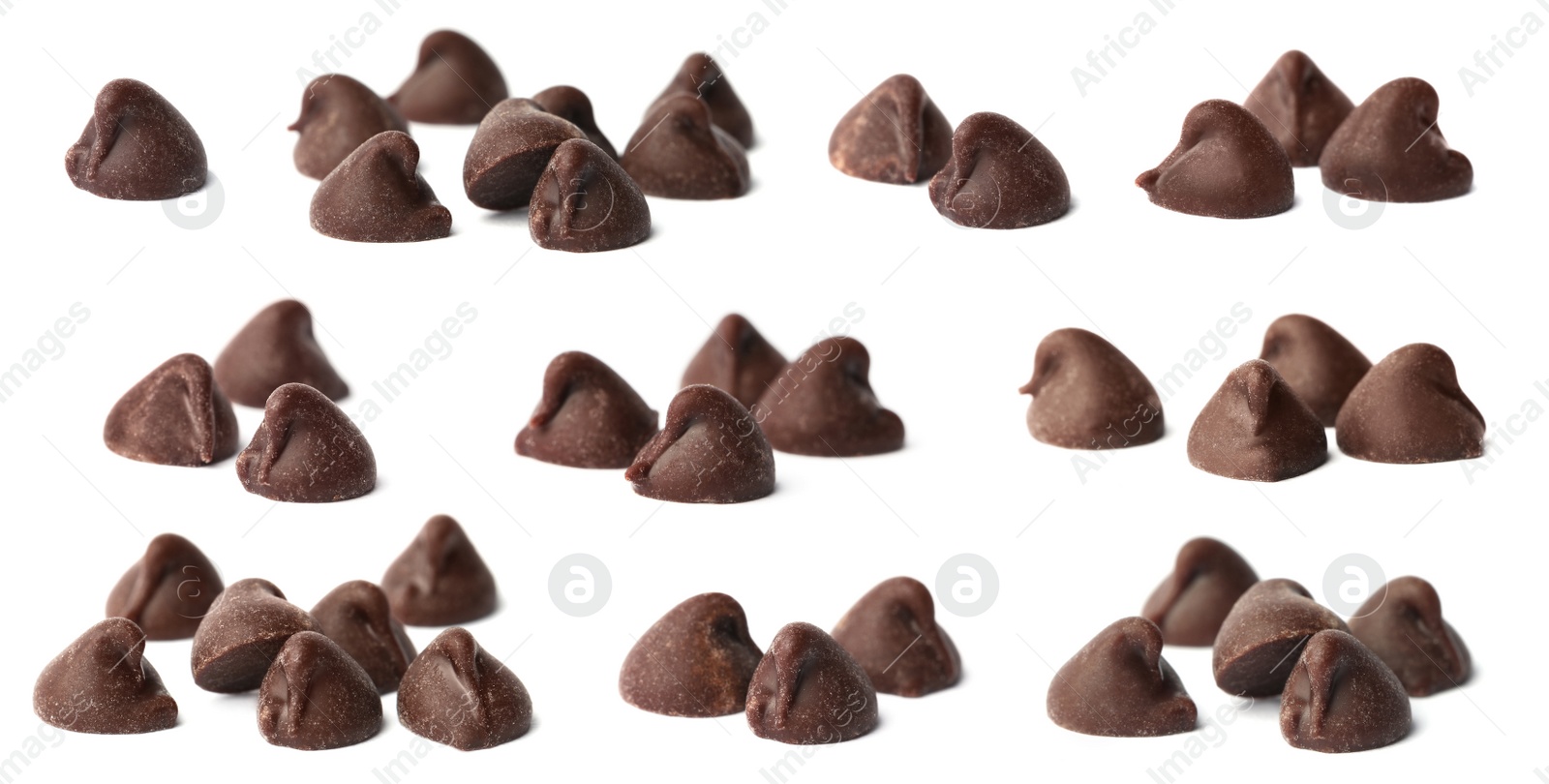 Set of tasty chocolate chips isolated on white Image of Set of tasty chocolate chips isolated on white