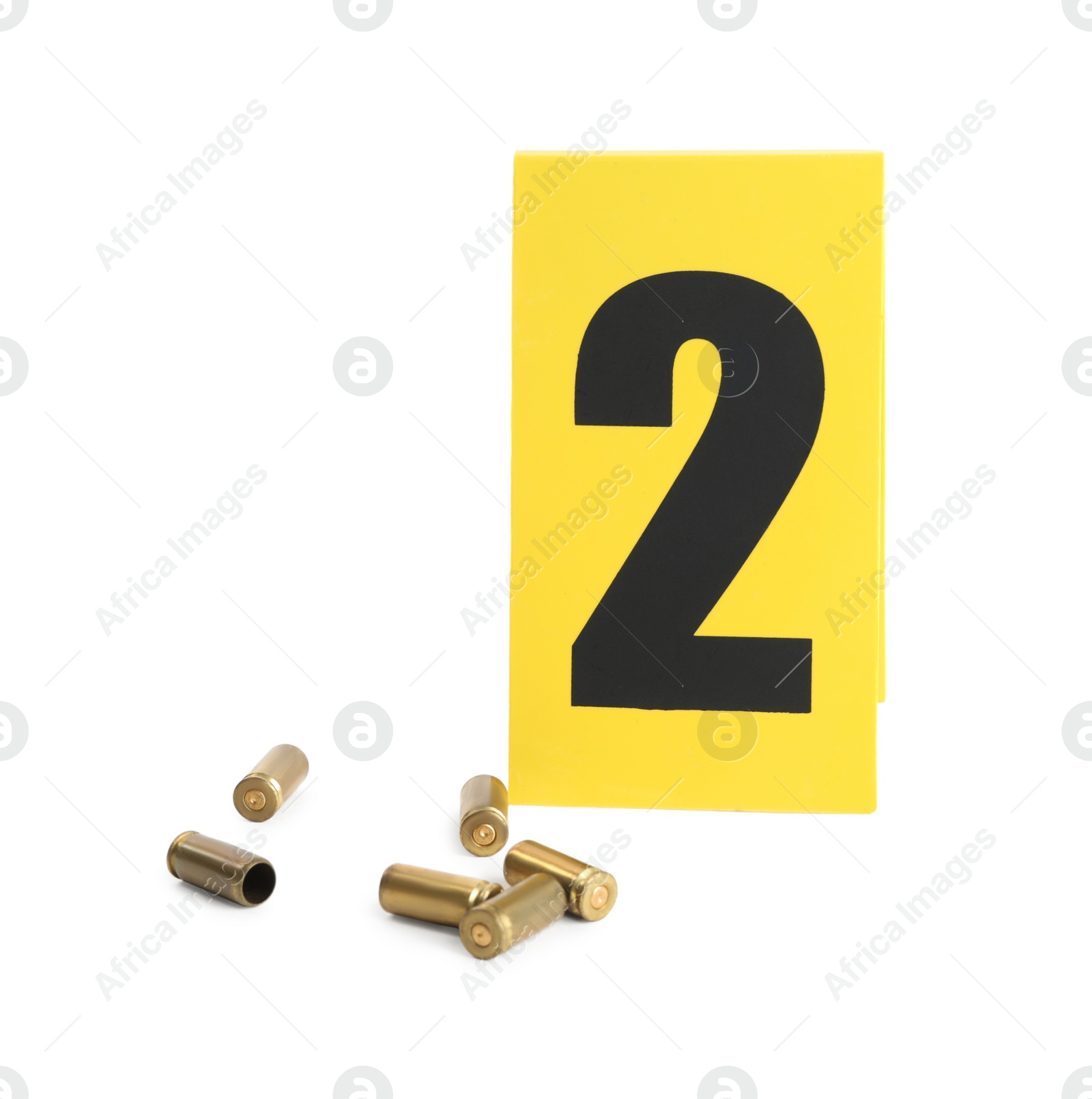 Shell casings and crime scene marker with number two isolated on white Photo of Shell casings and crime scene marker with number two isolated on white
