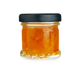 Glass jar with sweet jam isolated on white Photo of Glass jar with sweet jam isolated on white