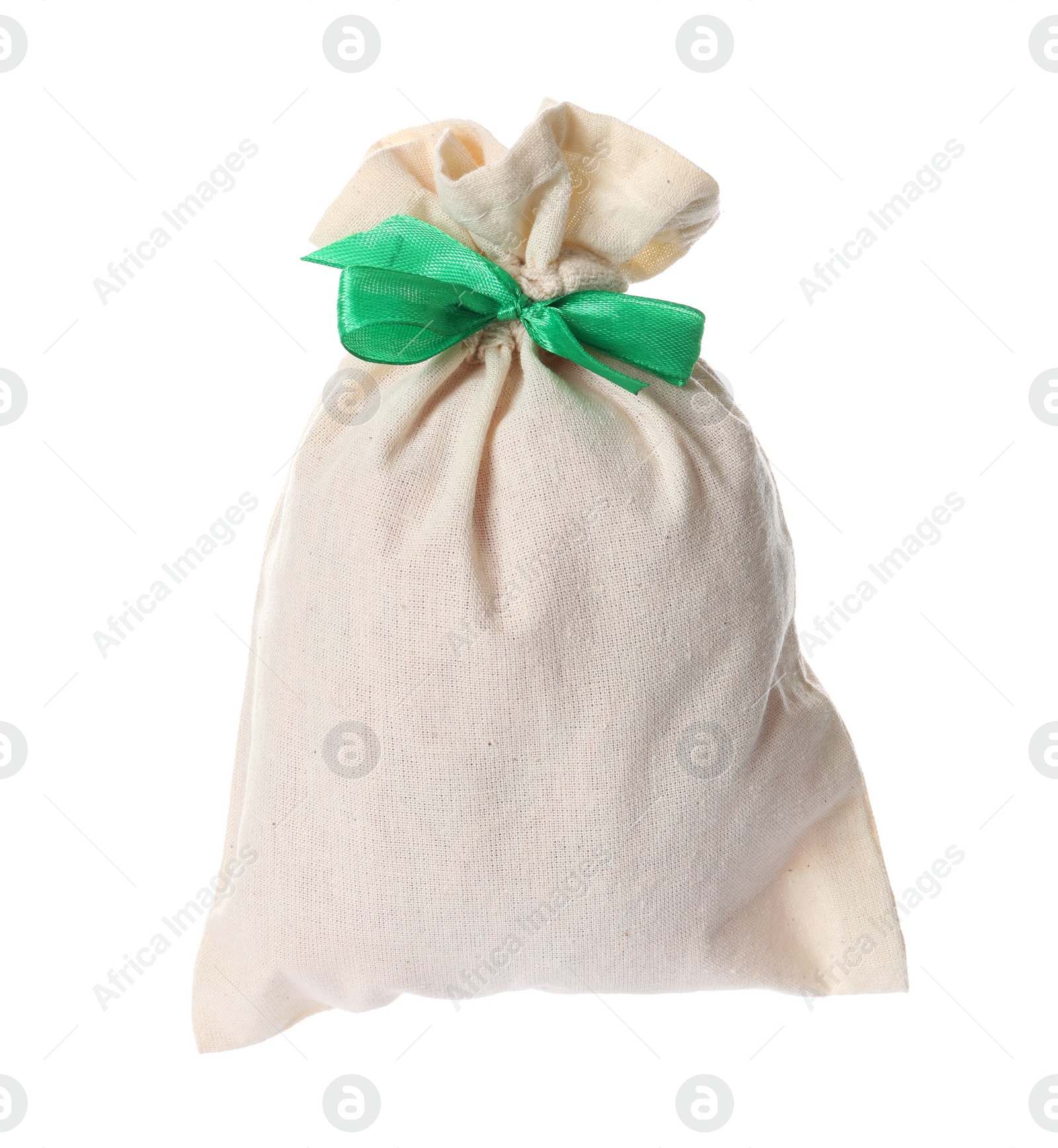 Small bag with green ribbon isolated on white. Christmas advent calendar Photo of Small bag with green ribbon isolated on white. Christmas advent calendar