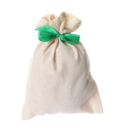 Small bag with green ribbon isolated on white. Christmas advent calendar Photo of Small bag with green ribbon isolated on white. Christmas advent calendar