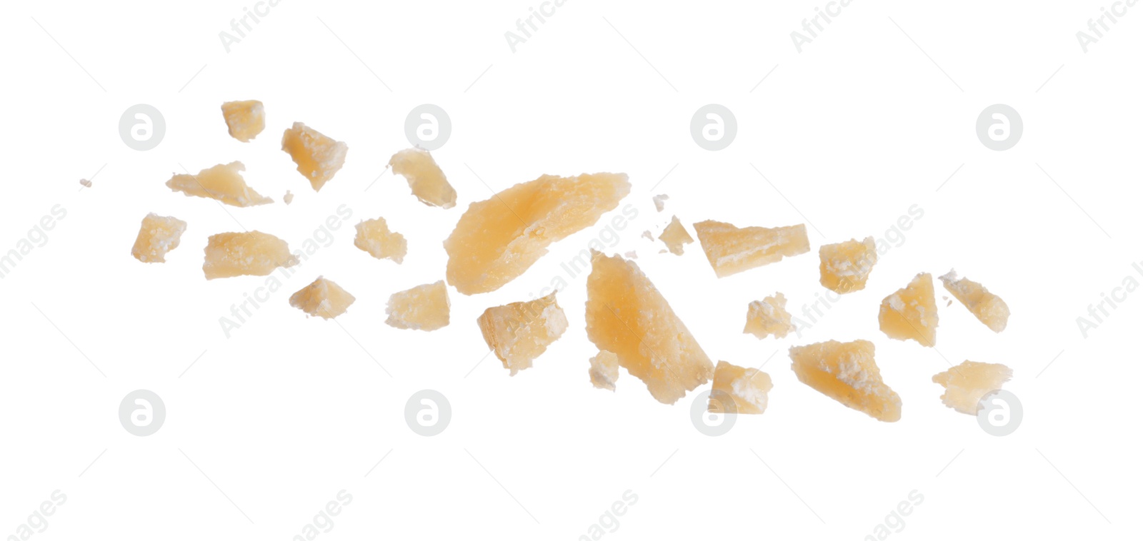Pieces of delicious parmesan cheese on white background Photo of Pieces of delicious parmesan cheese on white background