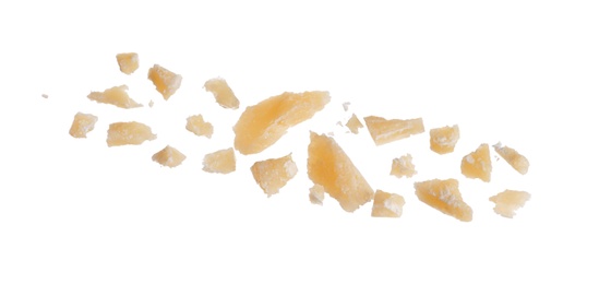 Pieces of delicious parmesan cheese on white background Photo of Pieces of delicious parmesan cheese on white background