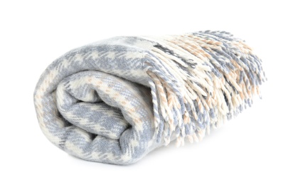 Stylish soft checkered plaid on white background Photo of Stylish soft checkered plaid on white background