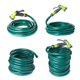 Set with green rubber watering hoses on white background Image of Set with green rubber watering hoses on white background
