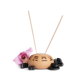 Aromatic incense sticks, spa stones and orchid flower on white background Photo of Aromatic incense sticks, spa stones and orchid flower on white background