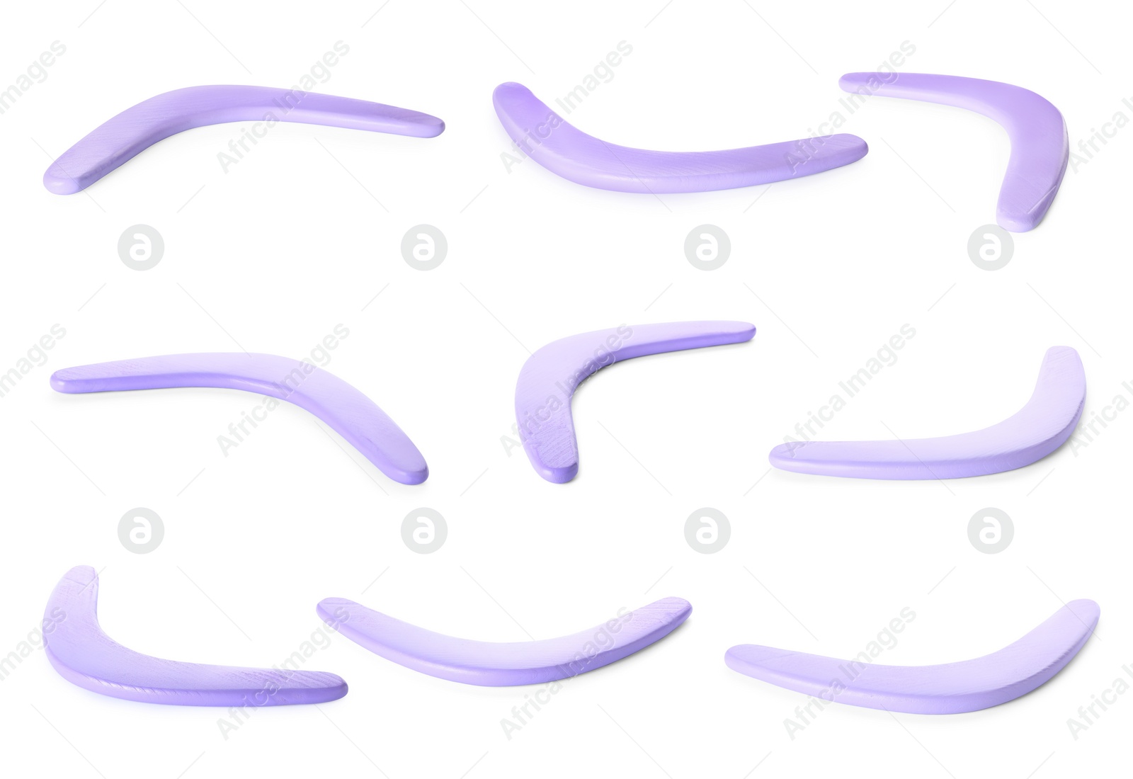 Set with violet boomerangs on white background Image of Set with violet boomerangs on white background