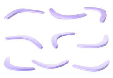 Set with violet boomerangs on white background Image of Set with violet boomerangs on white background