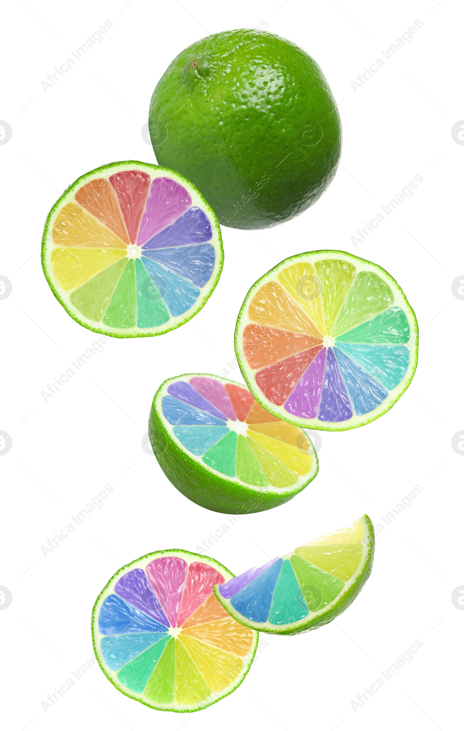 Fresh limes with rainbow segments falling on white background. Brighten your life Image of Fresh limes with rainbow segments falling on white background. Brighten your life