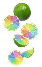 Fresh limes with rainbow segments falling on white background. Brighten your life Image of Fresh limes with rainbow segments falling on white background. Brighten your life