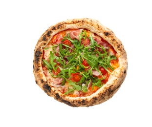 Tasty pizza with meat and arugula on white background, top view Photo of Tasty pizza with meat and arugula on white background, top view