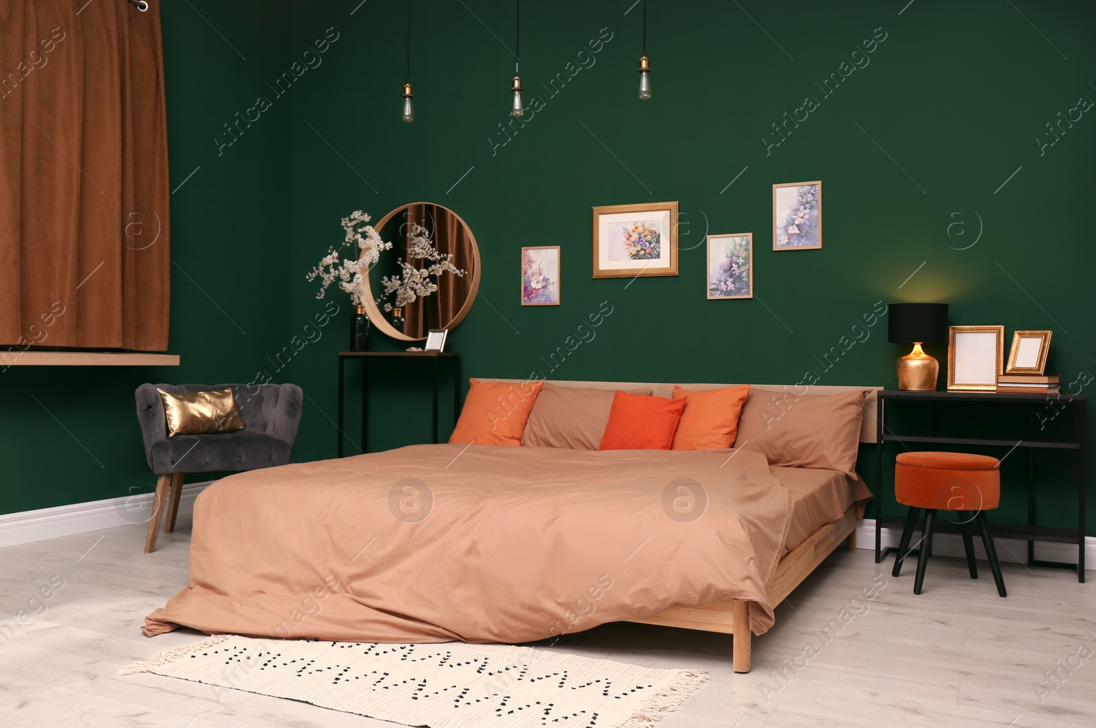 Stylish bedroom with modern furniture. Interior design Photo of Stylish bedroom with modern furniture. Interior design