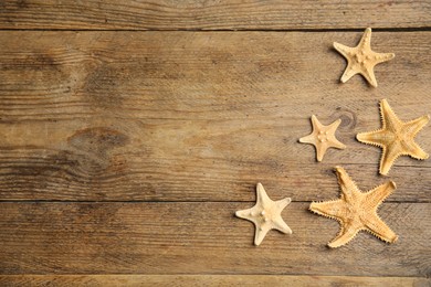 Beautiful sea stars on wooden background, flat lay. Space for text Photo of Beautiful sea stars on wooden background, flat lay. Space for text