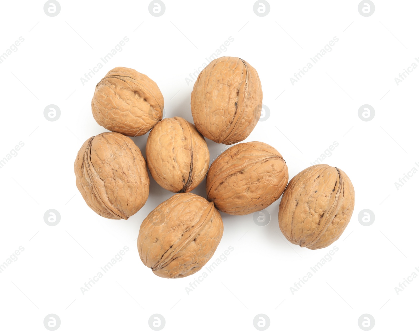 Whole walnuts in shell on white background, top view Photo of Whole walnuts in shell on white background, top view