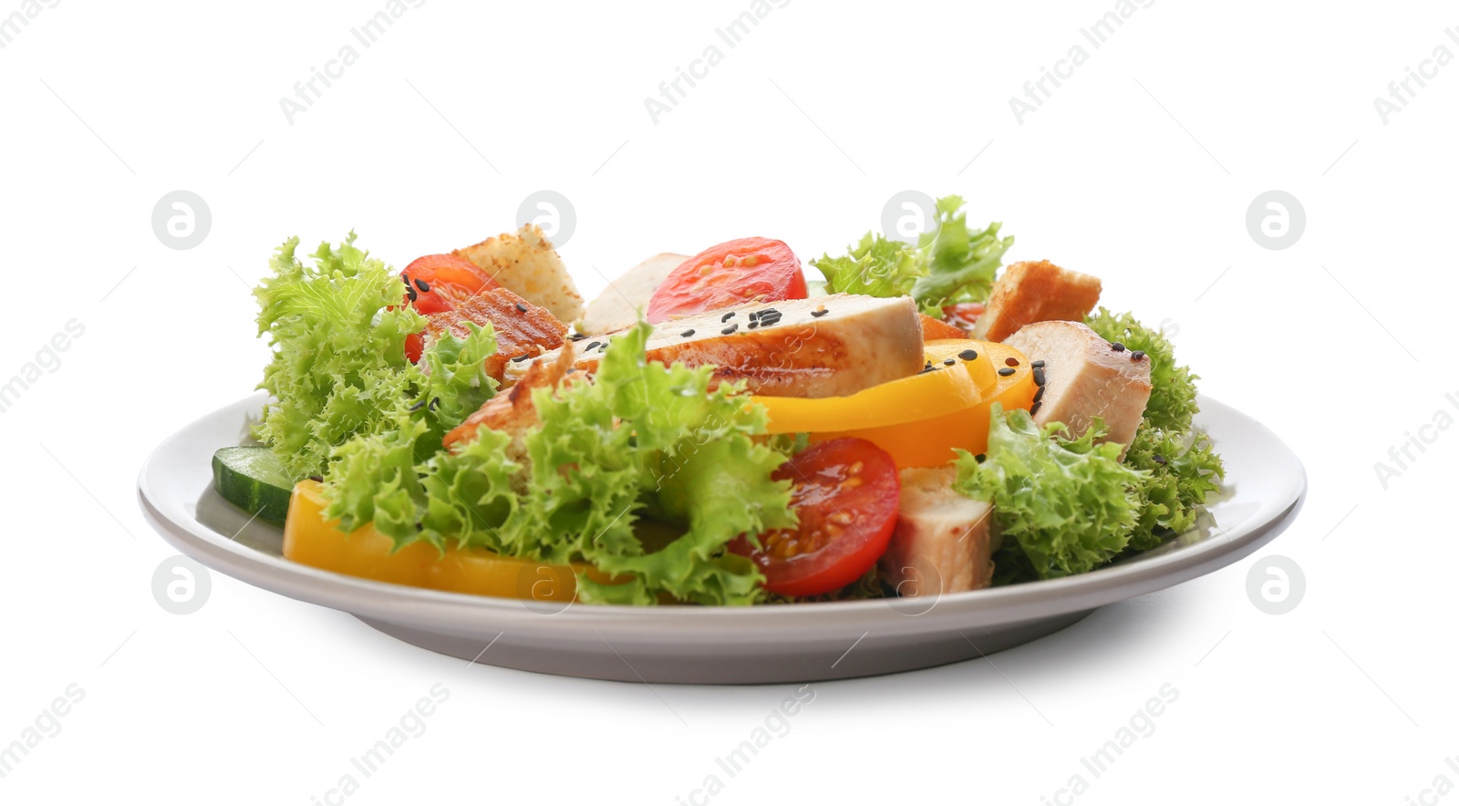 Photo of Delicious salad with chicken, vegetables and chia seeds isolated on white
