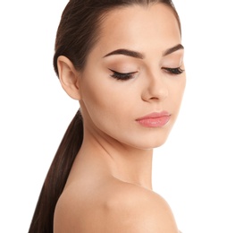 Young woman with beautiful makeup on white background. Professional cosmetic products Photo of Young woman with beautiful makeup on white background. Professional cosmetic products