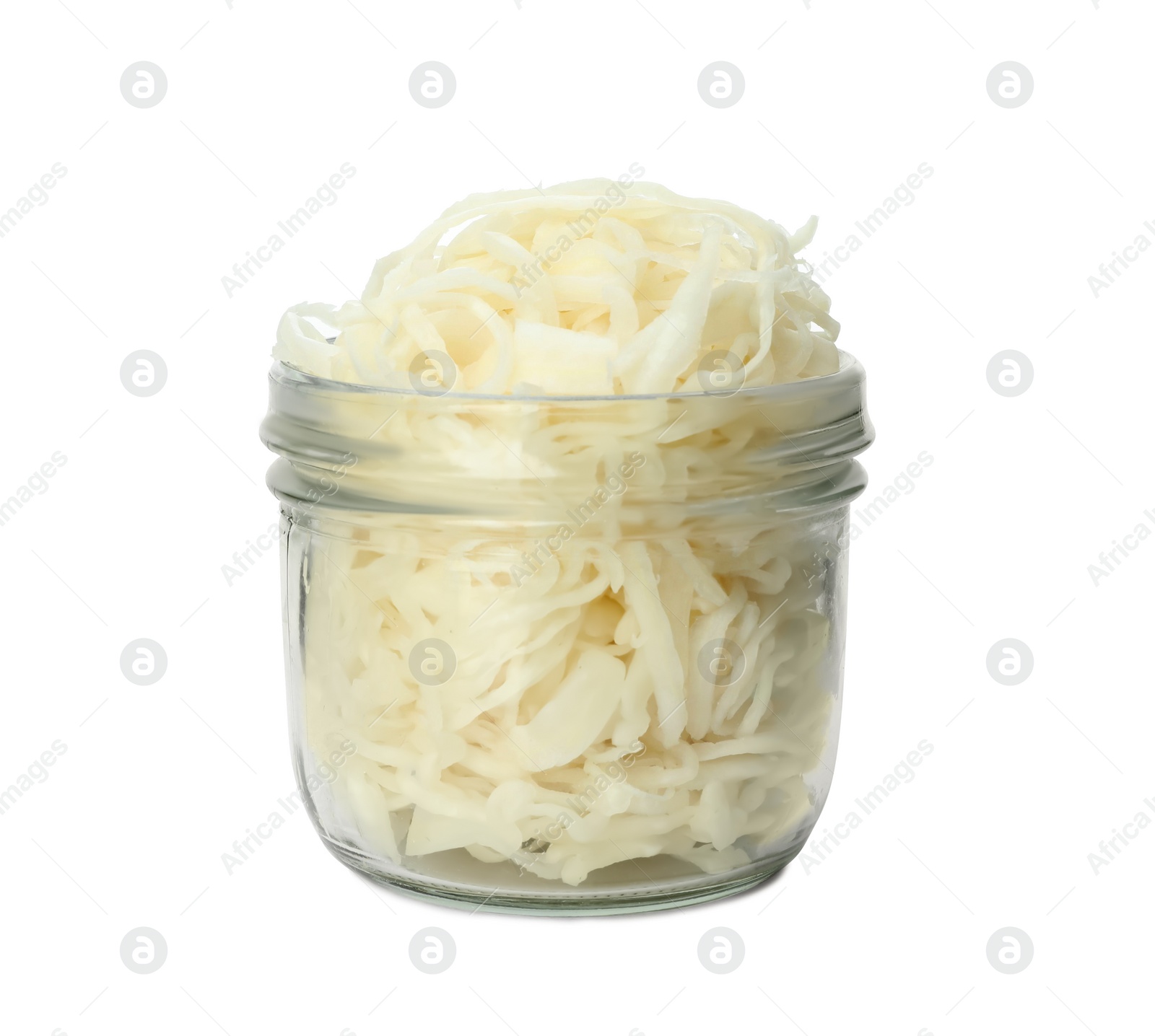Glass jar of tasty fermented cabbage isolated on white Photo of Glass jar of tasty fermented cabbage isolated on white