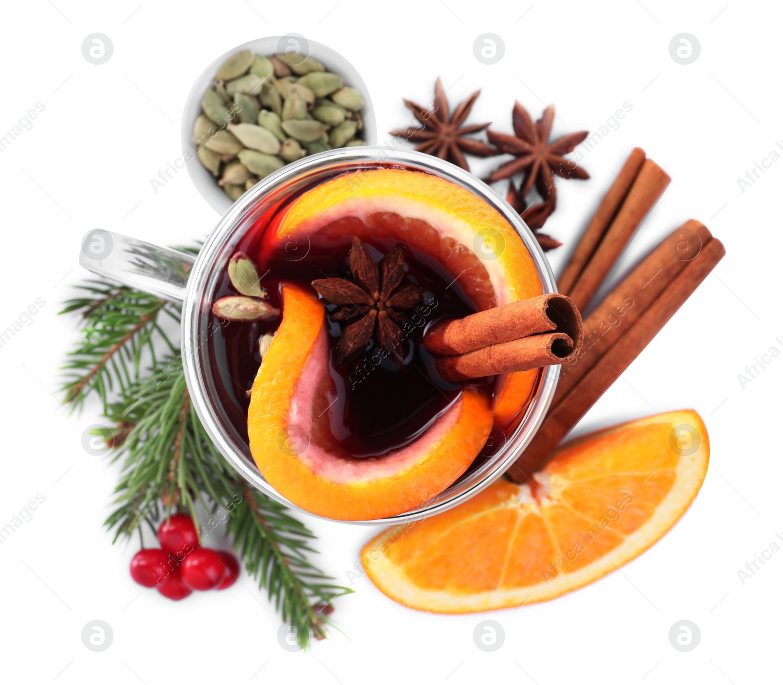 Aromatic mulled wine and ingredients on white background, top view Photo of Aromatic mulled wine and ingredients on white background, top view