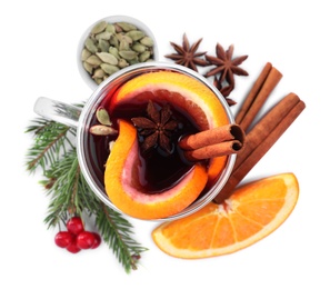 Aromatic mulled wine and ingredients on white background, top view Photo of Aromatic mulled wine and ingredients on white background, top view
