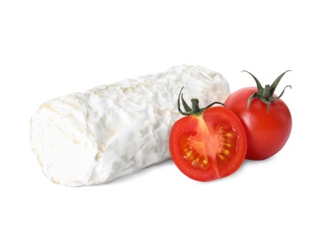 Delicious fresh goat cheese with cherry tomatoes on white background Photo of Delicious fresh goat cheese with cherry tomatoes on white background
