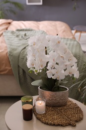 Beautiful white orchids and candles on table in bedroom. Interior design Photo of Beautiful white orchids and candles on table in bedroom. Interior design