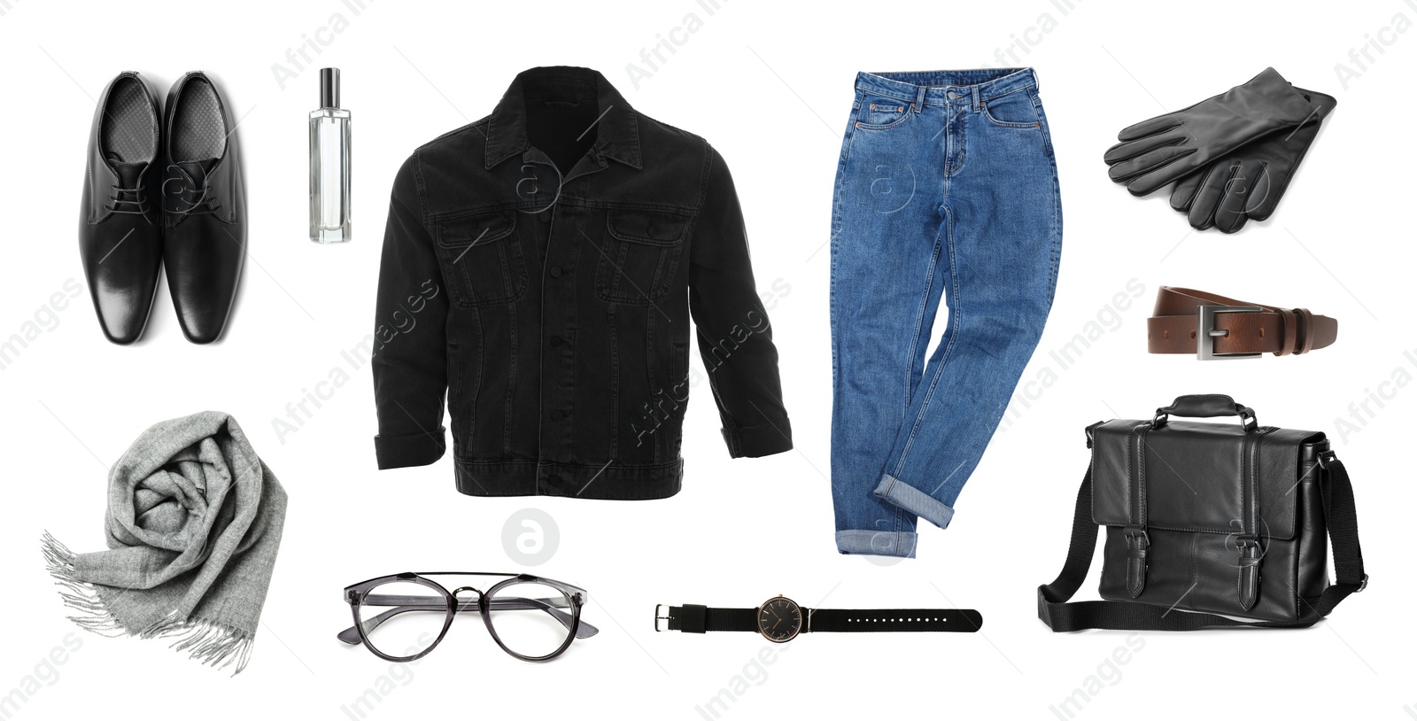 Stylish men's outfit. Collage with modern clothes, gloves and other accessories on white background, banner design Image of Stylish men's outfit. Collage with modern clothes, gloves and other accessories on white background, banner design