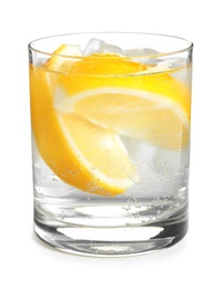Soda water with lemon slices and ice cubes isolated on white Photo of Soda water with lemon slices and ice cubes isolated on white