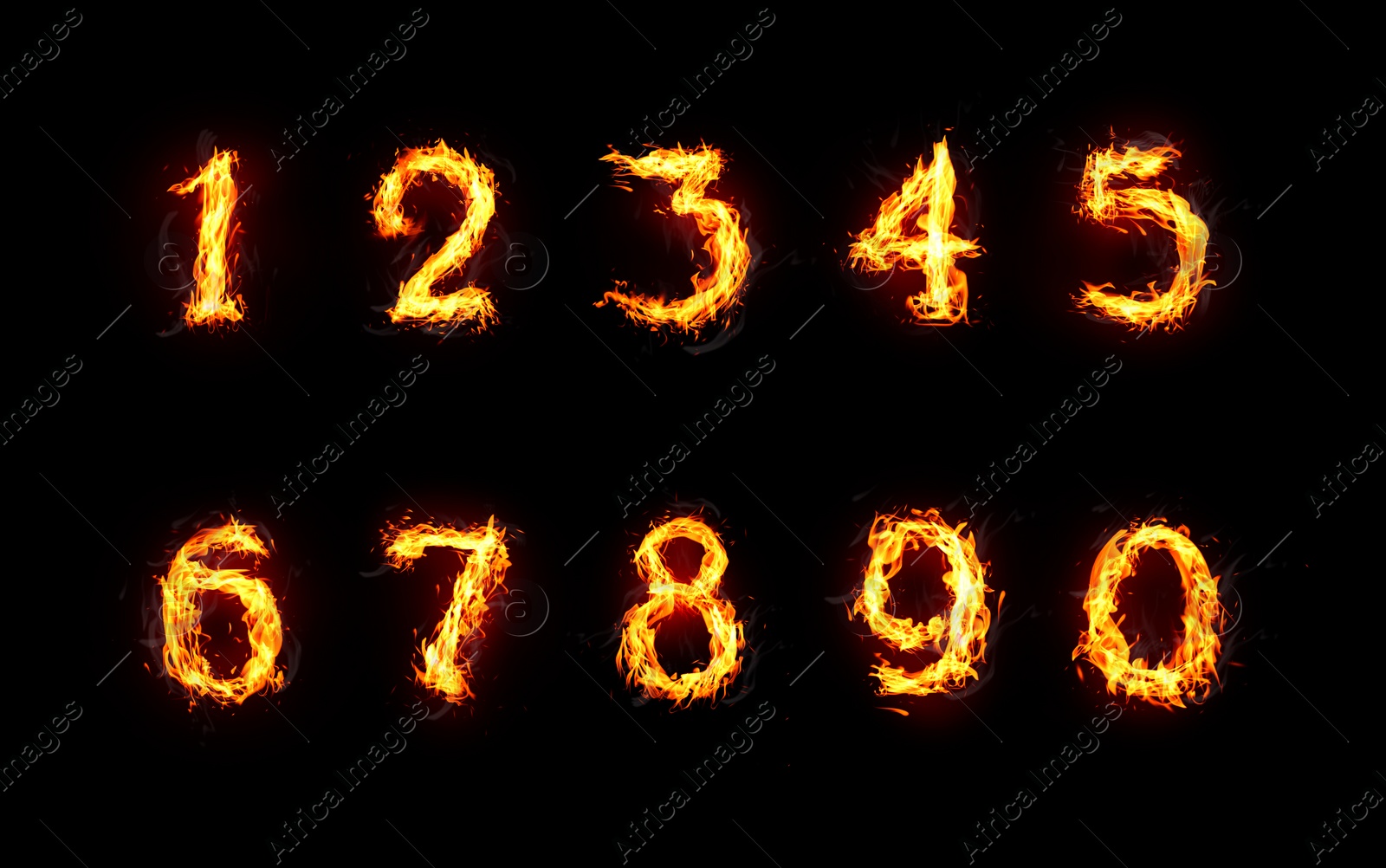 Set of flaming numbers on black background Image of Set of flaming numbers on black background