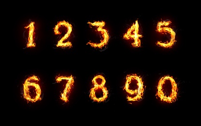 Image of Set of flaming numbers on black background