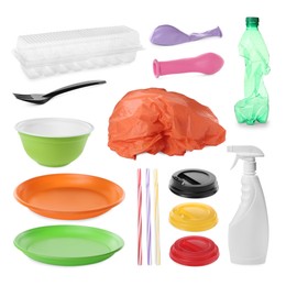 Set with different plastic items on white background Image of Set with different plastic items on white background