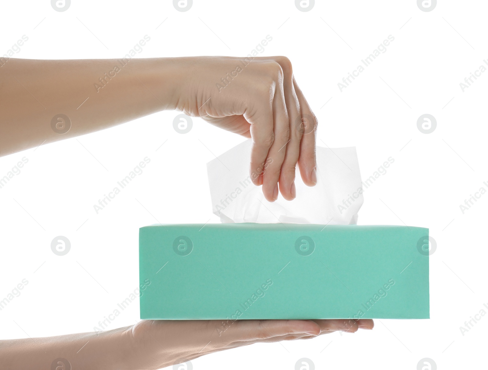 Woman taking paper tissue from box on white background, closeup Photo of Woman taking paper tissue from box on white background, closeup