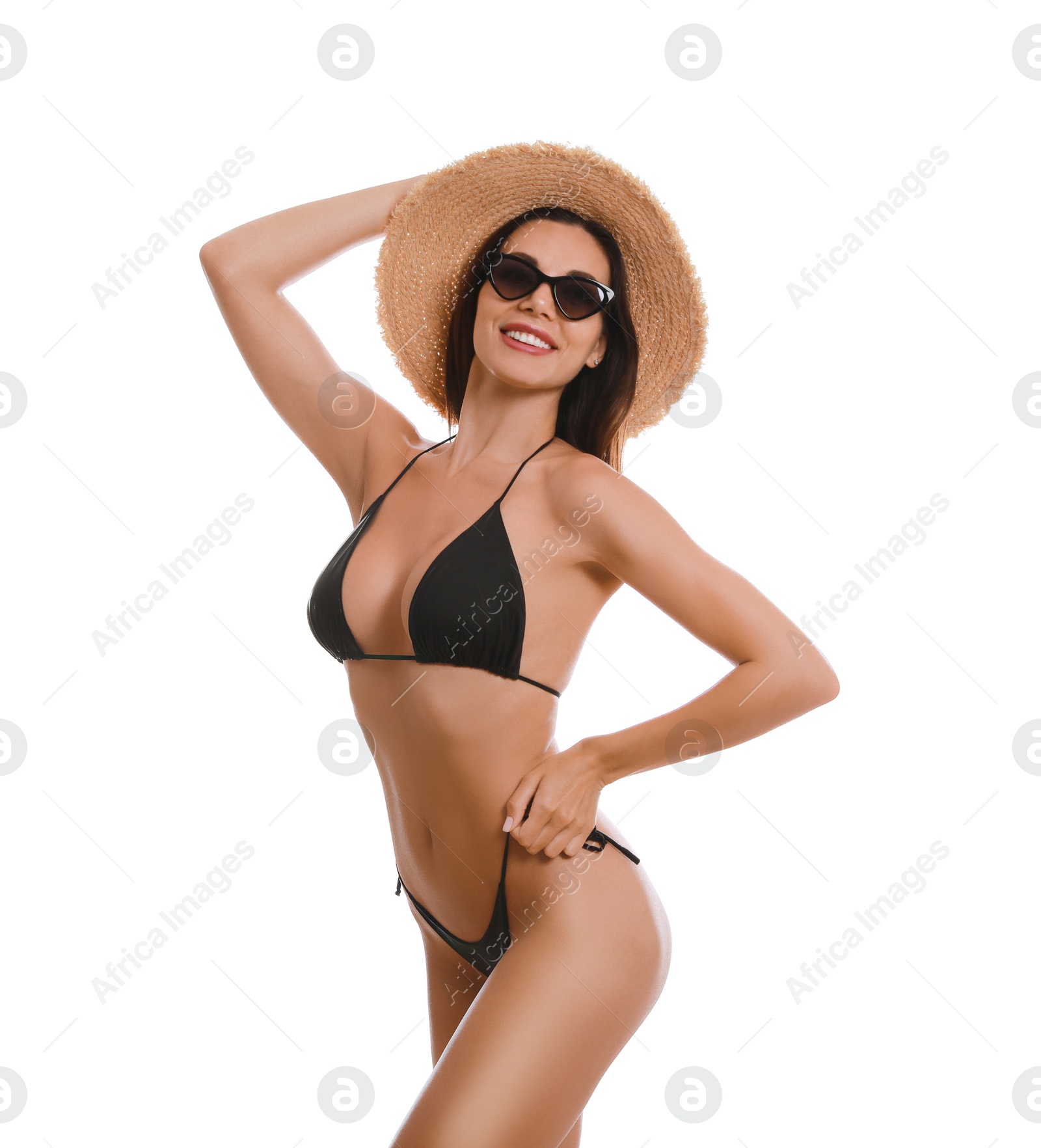 Beautiful woman in stylish bikini on white background Photo of Beautiful woman in stylish bikini on white background