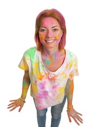 Woman covered with colorful powder dyes on white background. Holi festival celebration Photo of Woman covered with colorful powder dyes on white background. Holi festival celebration