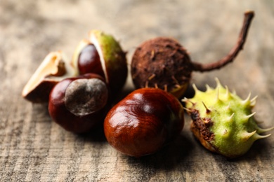 Horse chestnuts on wooden table, closeup view Photo of Horse chestnuts on wooden table, closeup view