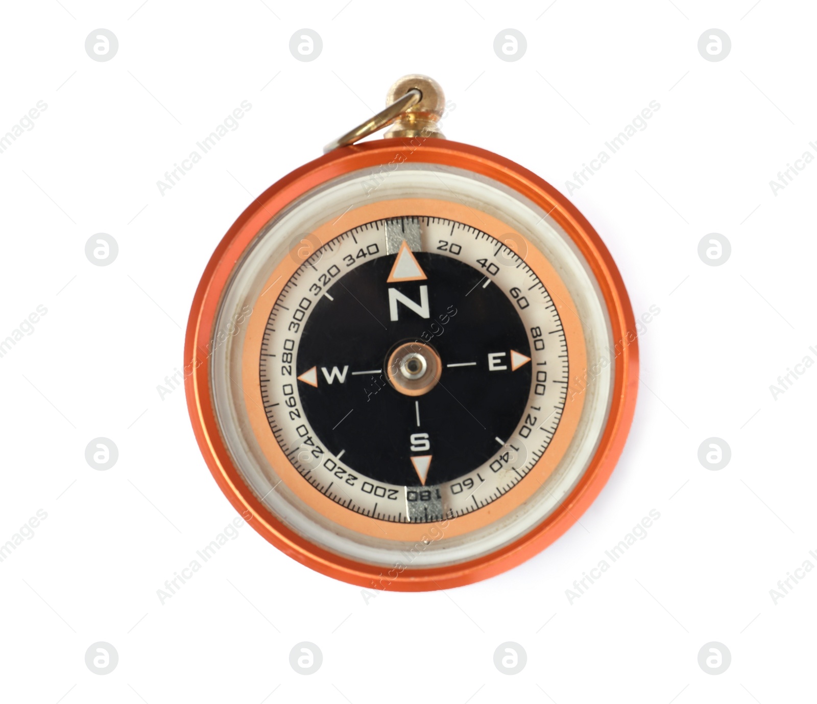 Photo of Modern compass isolated on white, top view. Camping tourism