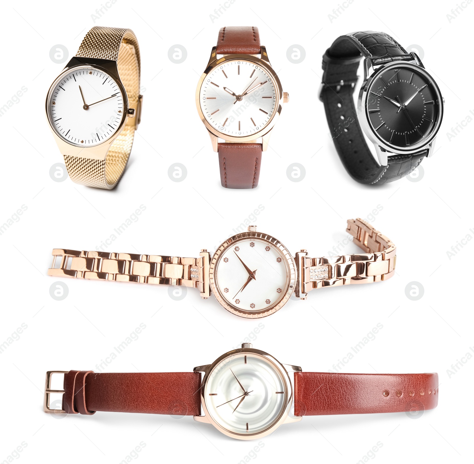 Collage of stylish watches on white background Image of Collage of stylish watches on white background