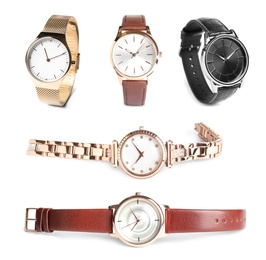 Collage of stylish watches on white background Image of Collage of stylish watches on white background