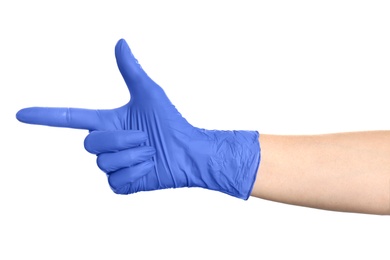Woman in blue latex gloves pointing at something on white background, closeup of hand Photo of Woman in blue latex gloves pointing at something on white background, closeup of hand