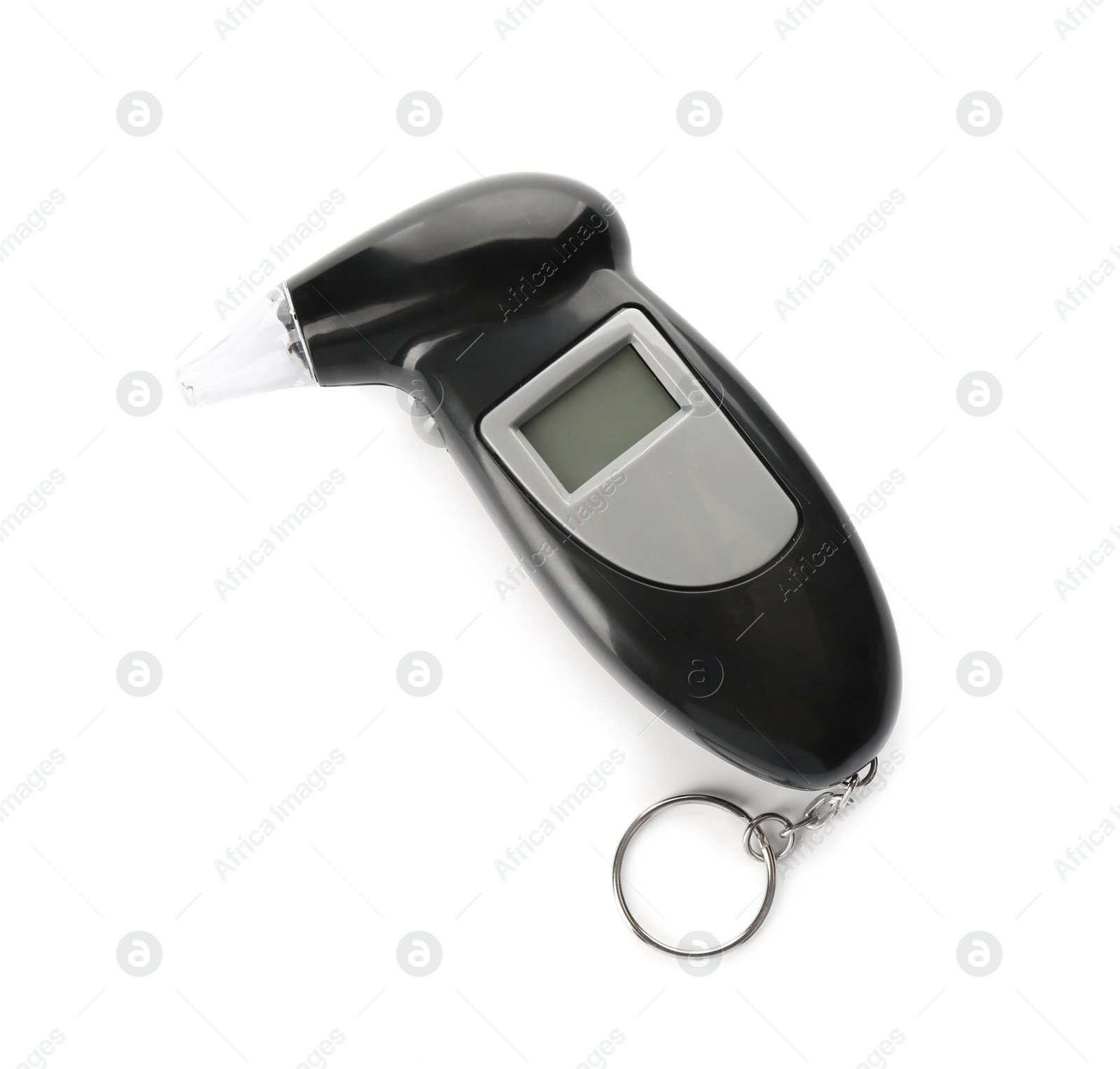 Photo of Modern breathalyzer on white background, top view