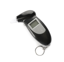 Photo of Modern breathalyzer on white background, top view