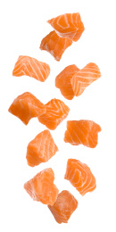 Set with pieces of fresh raw salmon on white background. Fish delicacy Image of Set with pieces of fresh raw salmon on white background. Fish delicacy