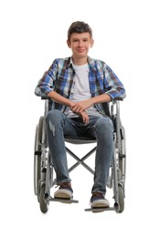 Teen boy in wheelchair on white background Photo of Teen boy in wheelchair on white background