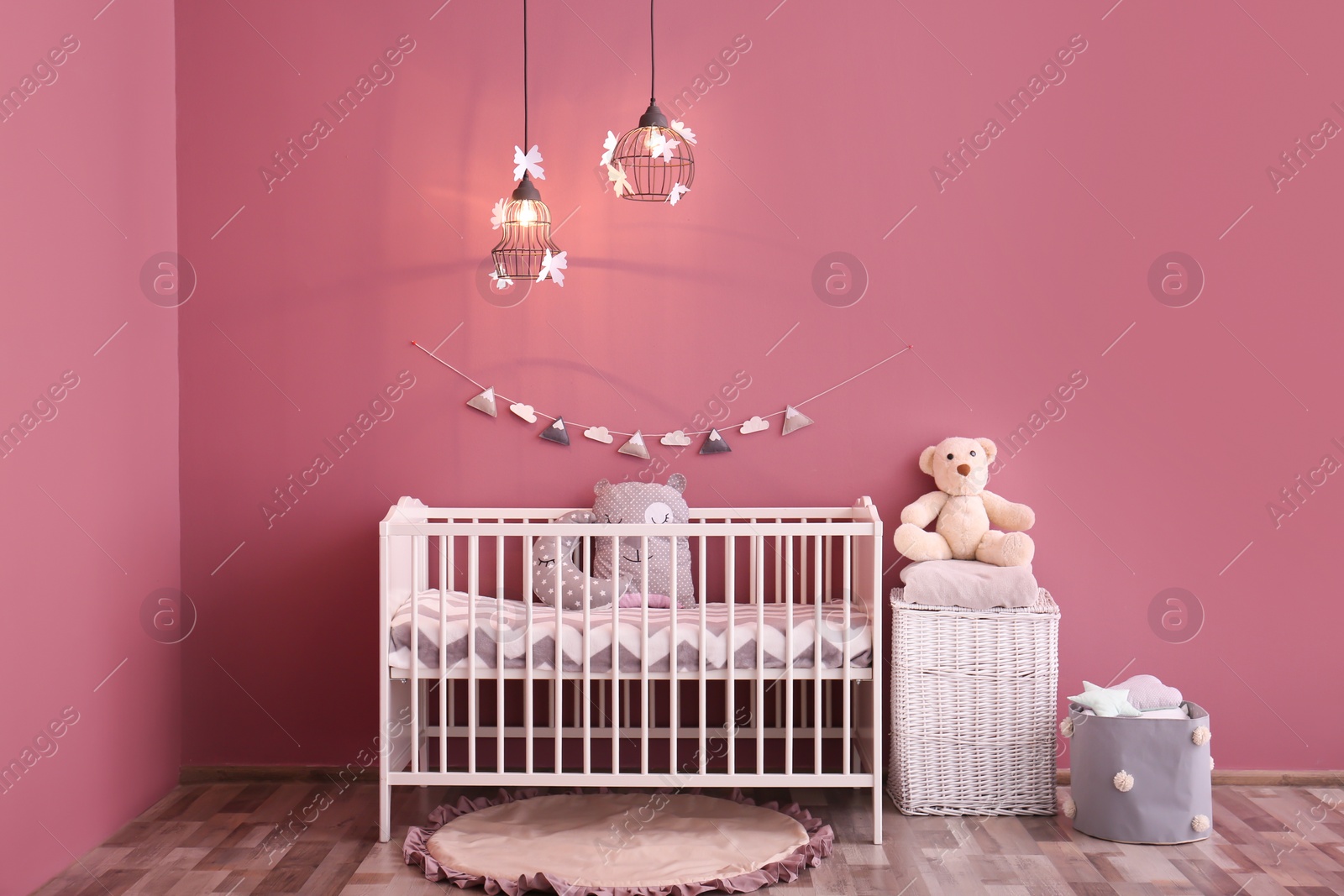 Modern baby room interior with crib Photo of Modern baby room interior with crib