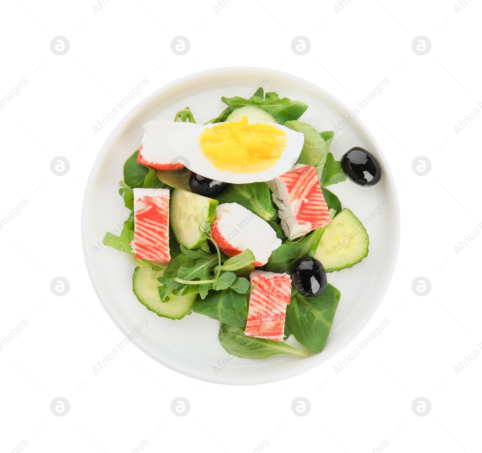 Delicious crab stick salad isolated on white, top view Photo of Delicious crab stick salad isolated on white, top view