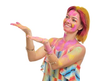 Woman covered with colorful powder dyes on white background. Holi festival celebration Photo of Woman covered with colorful powder dyes on white background. Holi festival celebration