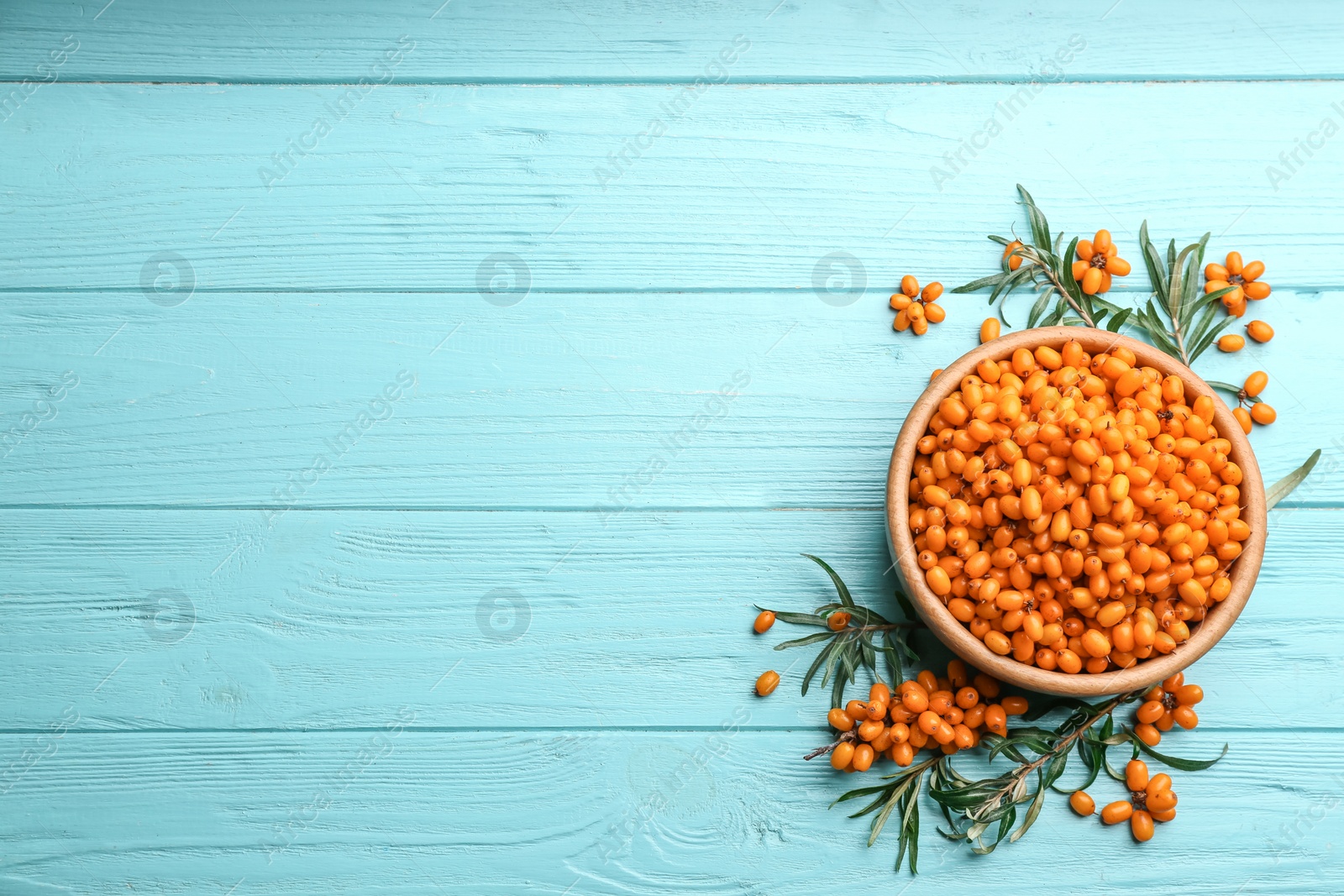 Fresh ripe sea buckthorn on light blue wooden table, flat lay. Space for text Photo of Fresh ripe sea buckthorn on light blue wooden table, flat lay. Space for text