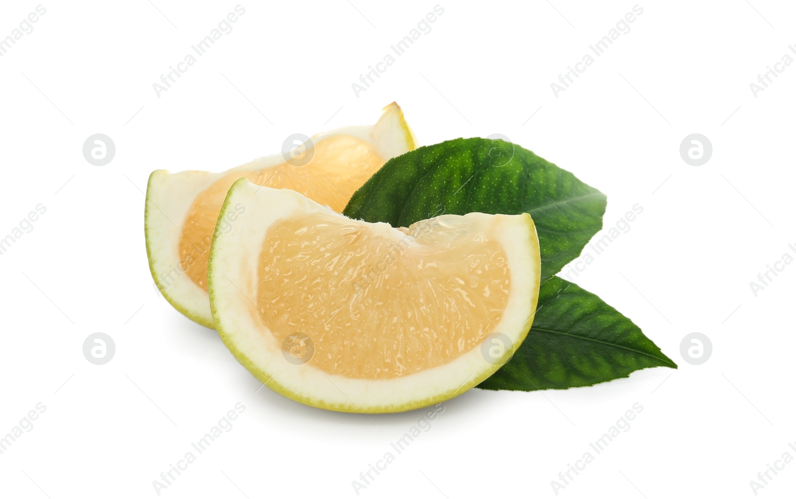 Slices of fresh ripe sweetie fruit and green leaves on white background Photo of Slices of fresh ripe sweetie fruit and green leaves on white background