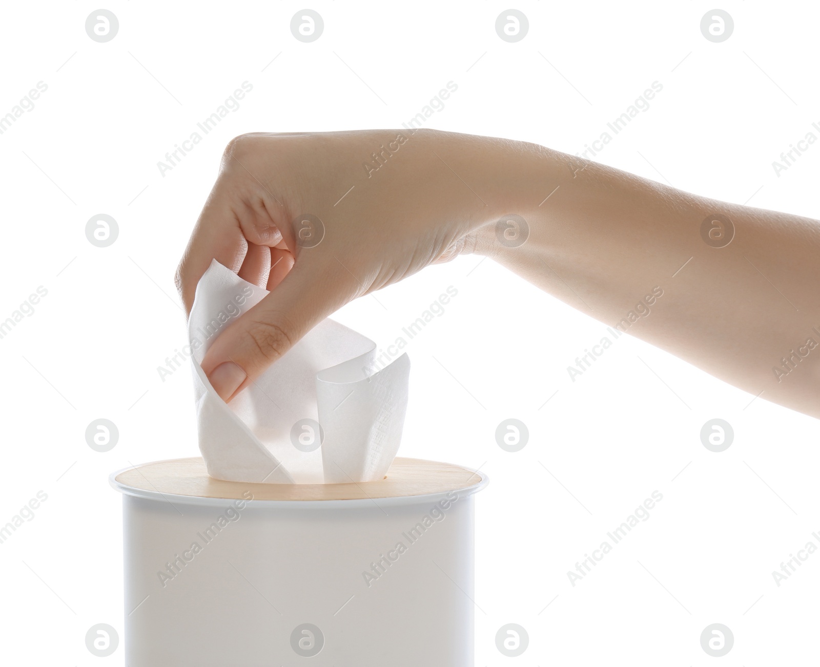 Woman taking paper tissue from holder on white background, closeup Photo of Woman taking paper tissue from holder on white background, closeup